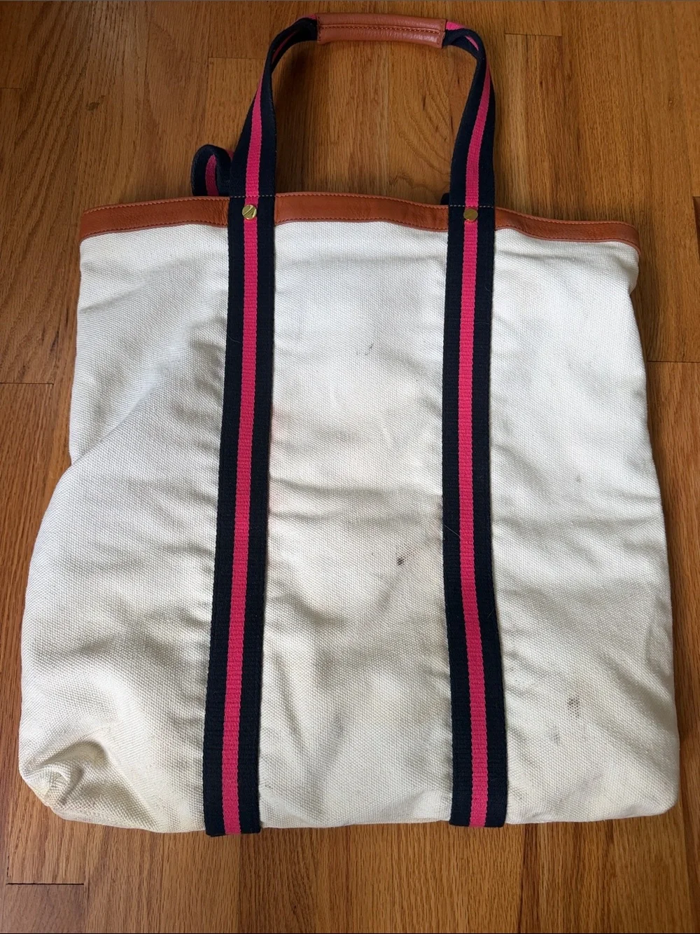 Tory Burch White Canvas Tote with Navy and Pink Striped Handles